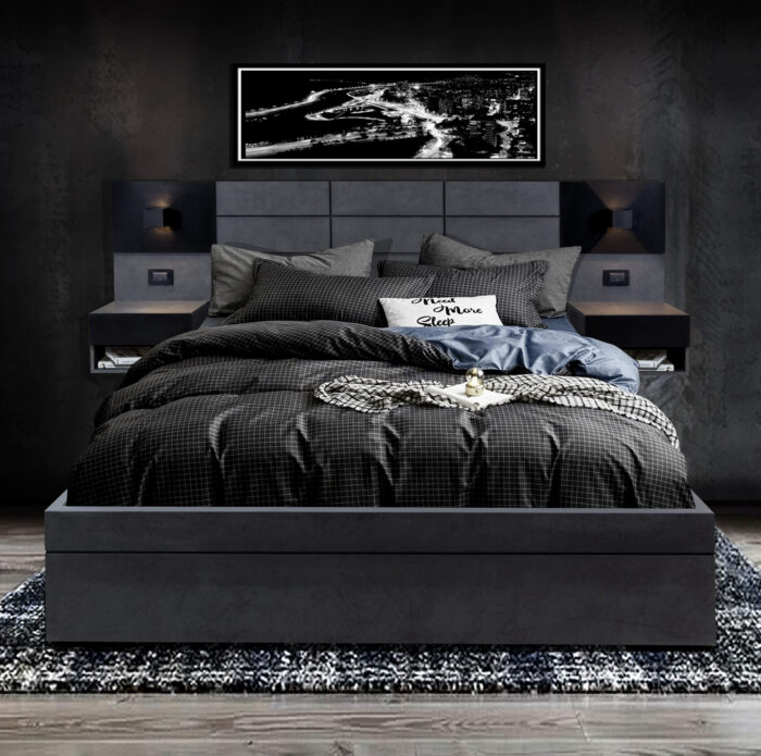 Respaldo de Cama King Box Satori Magma | Negro + Cajoneras + Veladores